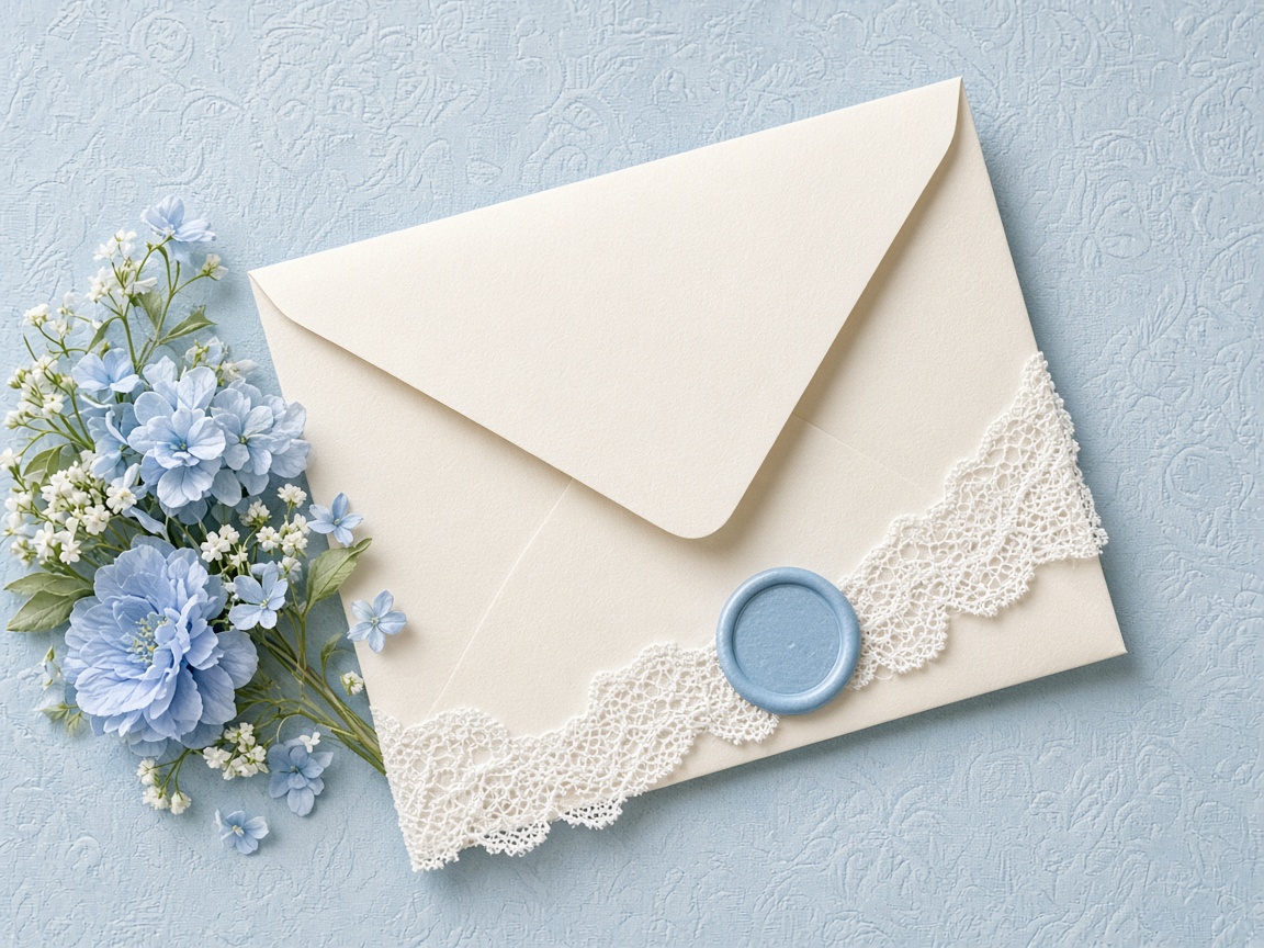 A cream envelope with a powder-blue seal, lace, and blue flowers